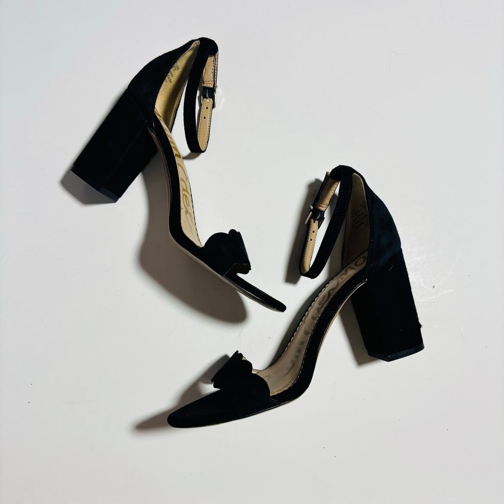 Sam Edelman Suede Scalloped Block Heel Sandals – Black Ankle Strap Heels - Picture 3 of 9
